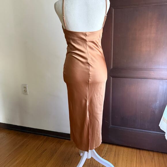 PRINCESS POLLY | Copper Satin Cowl Neck High Slit Midi Slip Dress Cowl Neck 0 - Picture 4 of 5